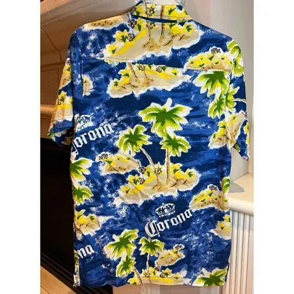 Corona Beer Hawaiian Aloha Short Sleeve Cabana Blue Yellow Shirt Size Large - Picture 3 of 11